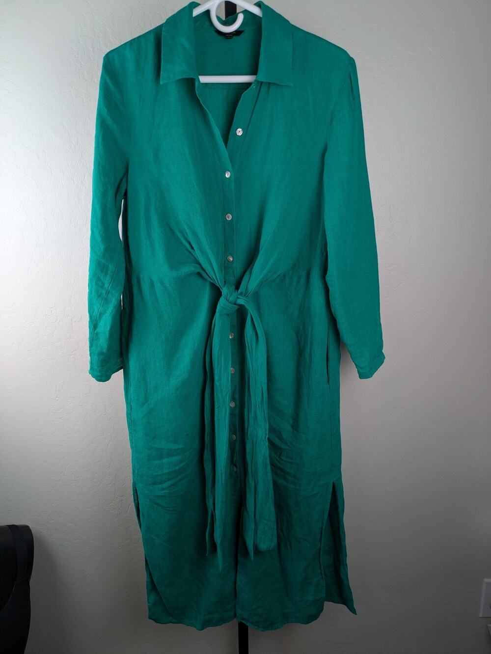 Massimo Dutti  Green Linen Tie Front Shirt Dress Side Slits